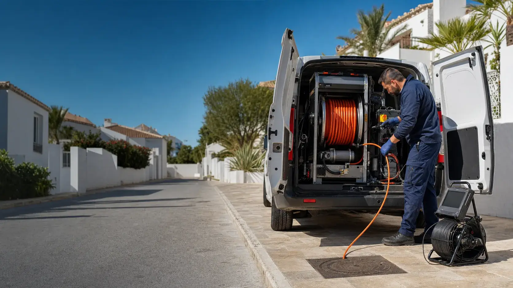 Técnico de saneamiento inspeccionando tuberías en un entorno urbano mediterráneo (imagen ilustrativa)