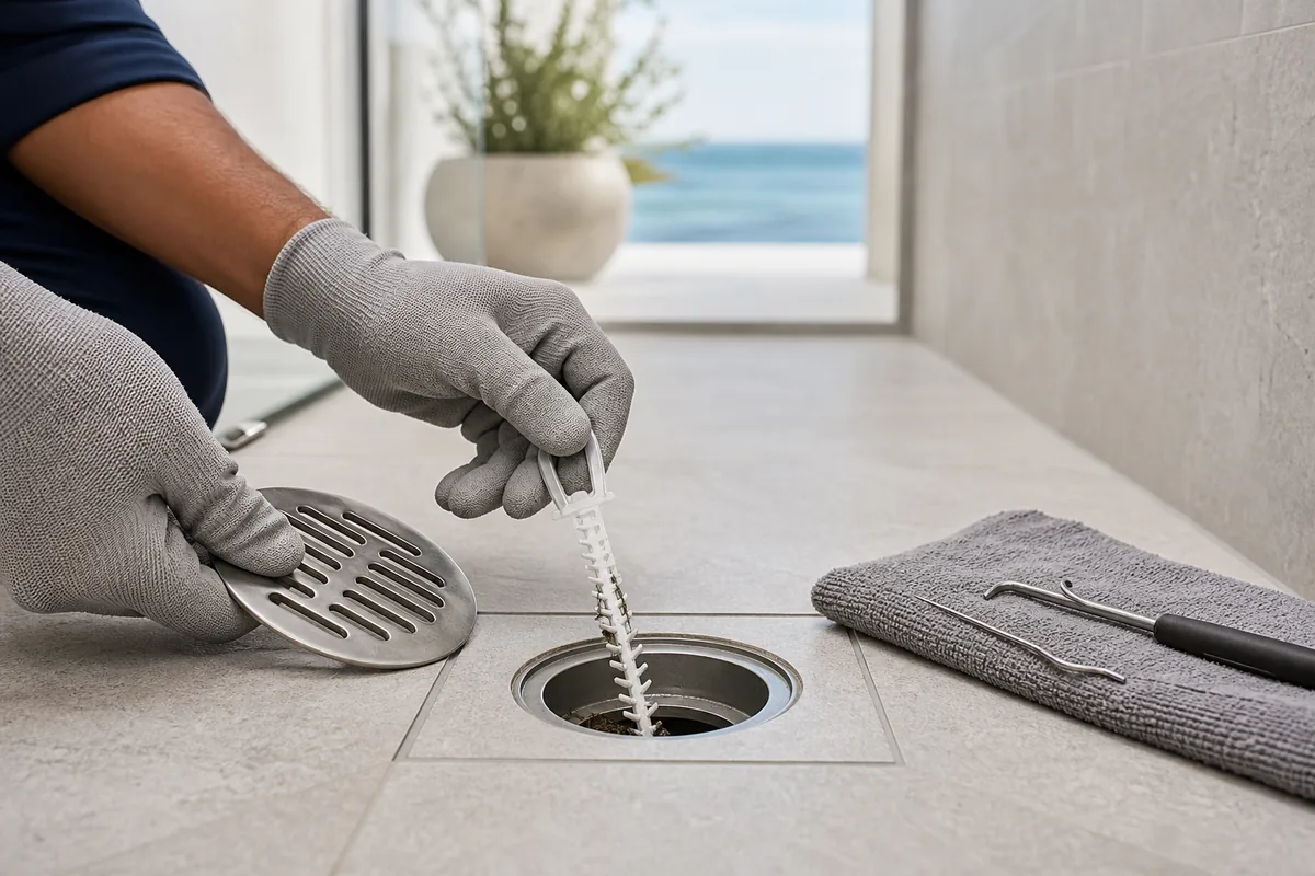 Manos protegidas retirando residuos del desagüe de una ducha con una herramienta flexible