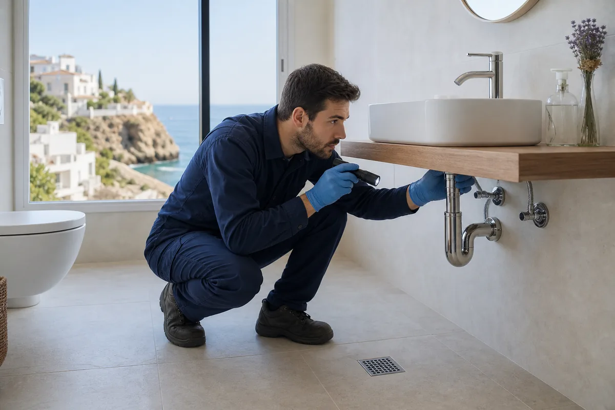 Técnico examinando con una linterna el sifón y el desagüe de un baño